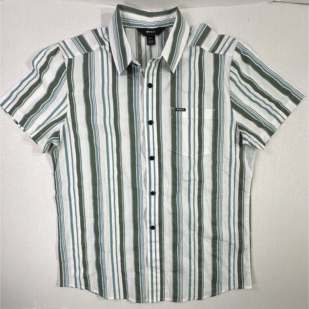 RVCA Button Down Shirt Men's Medium White Green Vertical Stripe Casual Summer